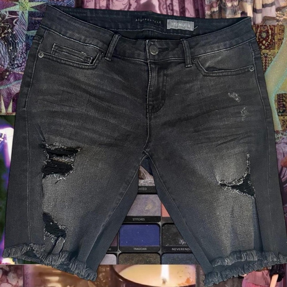 Aeropostale black denim bermuda shorts with frayed hem and distressed details